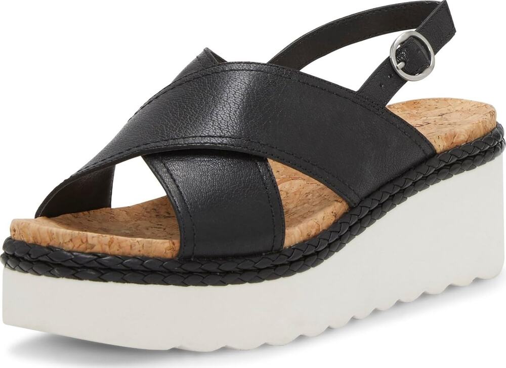 New In Box Lucky Brand Women's Pebina Wedge Sandal, Black Leather, 10M NIB